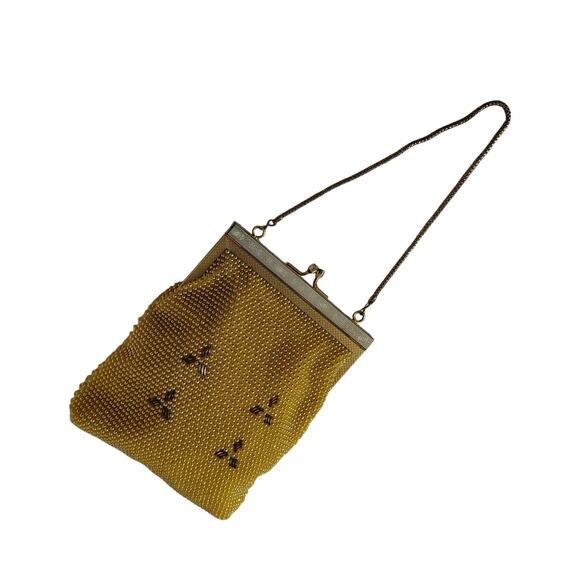 Vintage Yellow & Gold Tone Bubble Beaded Chain Handle Rectangle Evening Hand Bag - Picture 1 of 10